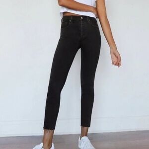 Aritzia Denim Forum Yoko High-Rise Slim Black Button Fly Raw Hem Jeans